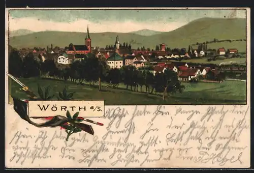 Lithographie Wörth a. S., Panoramablick von der Bergwiese