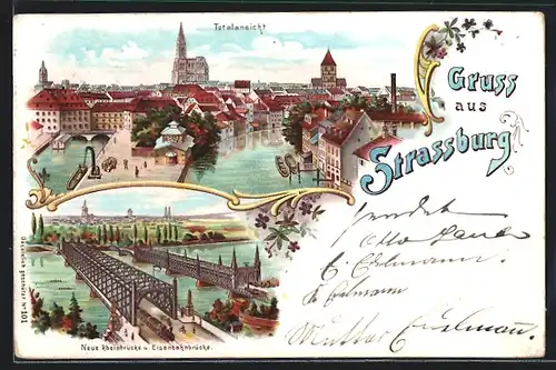 Lithographie Strassburg, Totalansicht, Neue Rheinbrücke und Eisenbahnbrücke