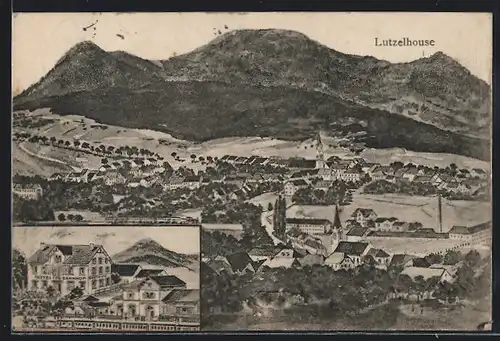 Künstler-AK Lutzelhouse, Hotel zu Bahnhof, Gesamtansicht aus der Vogelschau