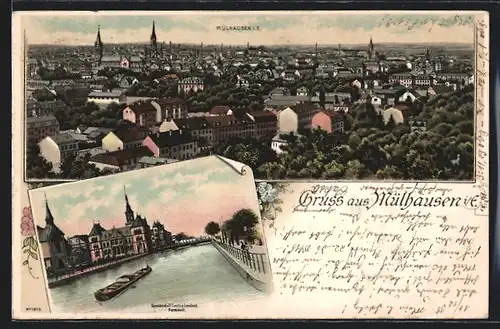 Lithographie Mülhausen i. E., Ortsansicht aus der Vogelschau