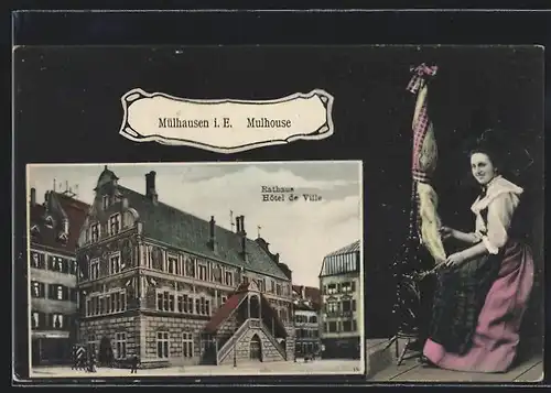 AK Mülhausen i. E., Rathaus, Frau am Spinnrad