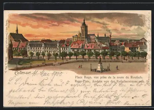 Lithographie Colmar, Rapp-Platz, Ansicht von der Rufacherstrasse aus