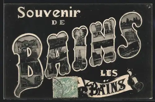 AK Bains-les-Bains, Schriftzug mit Brunnen, Denkmal und Waldpartie