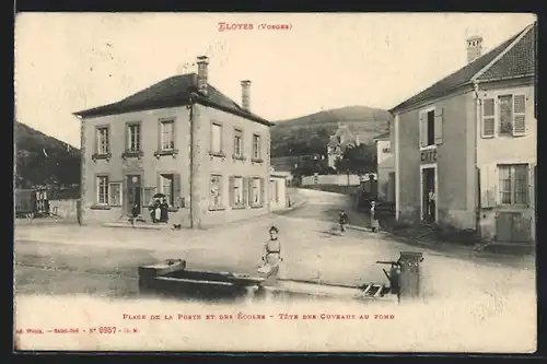 AK Eloyes, Place de la Poste et des Écoles, Tête des Cuveaux au Fond