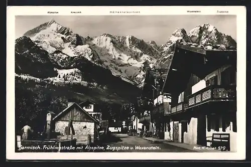 AK Garmisch, Frühlingstrasse mit Alpspitze und Zugspitze