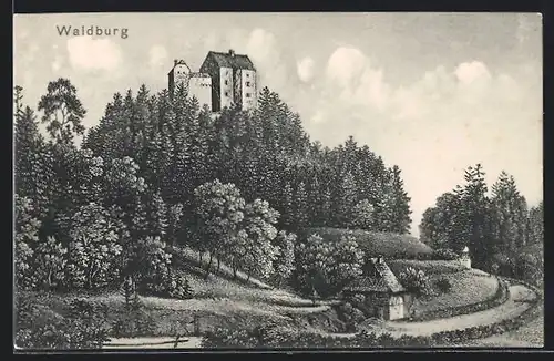 Künstler-AK Waldburg, Ortspartie mit Schloss