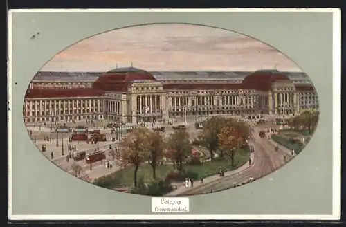 AK Leipzig, Hautpbahnhof mit Strassenbahn, Passpartout