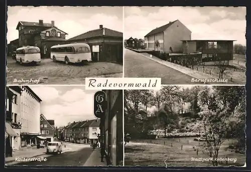 AK Radevormwald, Kaiserstrasse mit Geschäft u. Apotheke, Bahnhof, Berufsschule