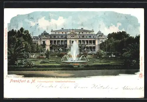 AK Frankfurt-Westend, Gesellschafthaus mit Springbrunnen im Palmengarten