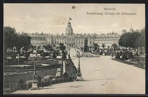 AK Karlsruhe, Grossherzogliches Schloss mit Schlossplatz