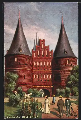 Künstler-AK Lübeck, Strassenpartie am Holstentor