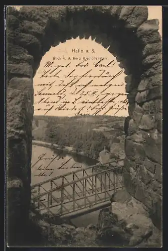 AK Halle a. S., Blick von der Burg Giebichenstein auf Stahlbrücke mit Fachwerkbogen