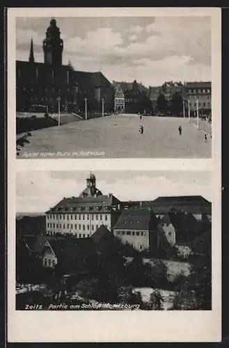 AK Zeitz,  Platz mit Rathaus, Partie am Schloss Moritzburg