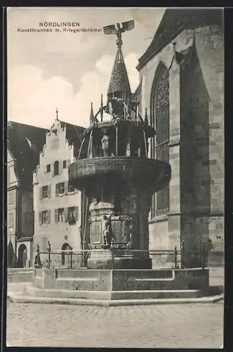 AK Nördlingen, Kunstbrunnen mit Kriegerdenkmal