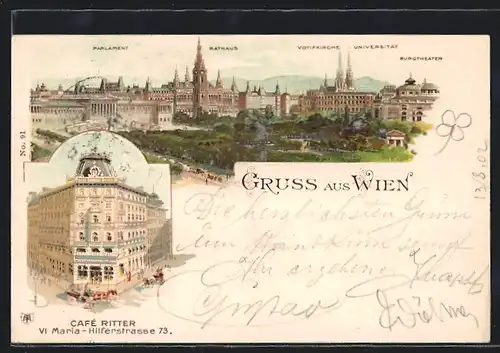 Lithographie Wien, Café Ritter in der Maria-Hilferstrasse, Totaleansicht zum Rathaus und Burgtheater aus der Vogelschau