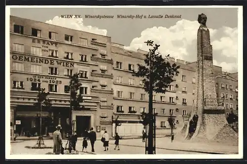 AK Wien, Winarskystrasse mit Winarsky-Hof und Lassalle-Denkmal