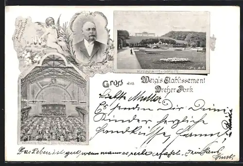 AK Wien, Weigl`s Gasthaus Dreher Park, Innenansicht Katharinen-Festhalle, Neptunsgrotte mit Gloriette