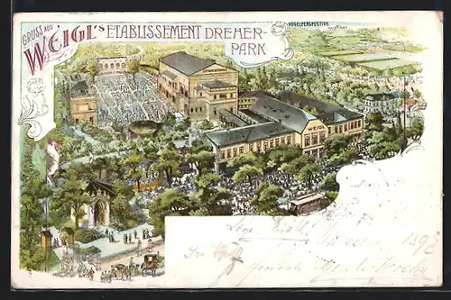 Lithographie Wien, Weigl`s Gasthaus Dreher-Park aus der Vogelschau