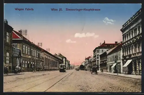 AK Wien, Wagnon Fabrik in der Simmeringer-Hauptstrasse mit Strassenbahn