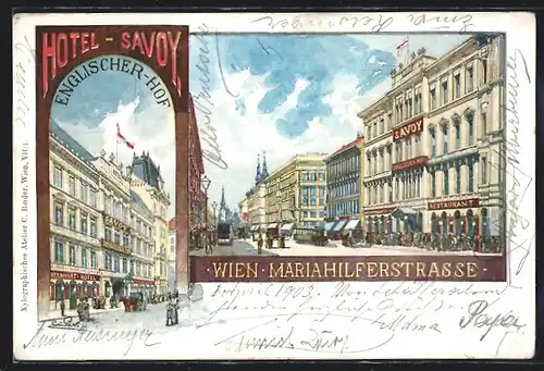 Künstler-AK Wien, Hotel Savoy, Englischer-Hof, Mariahilferstrasse