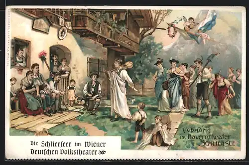 Künstler-AK Vorhang im Bauerntheater Schliersee, Trachtenkapelle Schlierseer im Neuen Theater am Schiffbauerdamm
