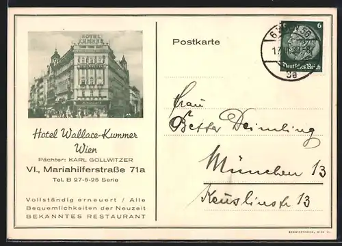 AK Wien, Hotel Wallace-Kummer, Bes. Karl Gollwitzer, Mariahilferstrasse 71a