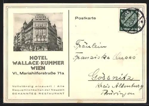 AK Wien, Hotel Wallace-Kummer, Mariahilferstrasse 71a