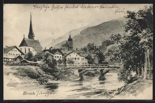 AK Bruck, Teilansicht mit Brücke und Kirche