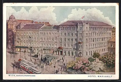AK Wien, Mariahilferstrasse mit Hotel Mariahilf und Strassenbahnen
