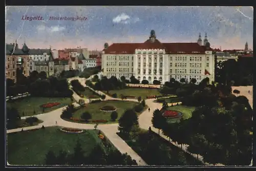 AK Liegnitz, Hindenburg-Platz aus der Vogelschau