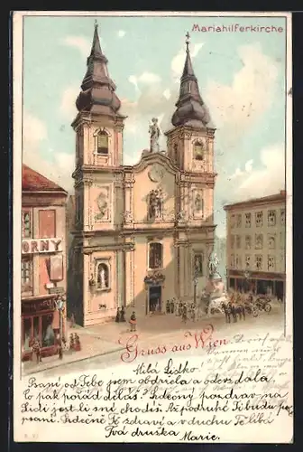 Lithographie Wien, Mariahilfer Kirche aus der Vogelschau