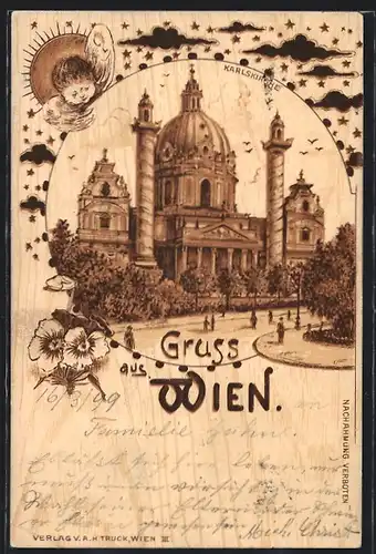 Lithographie Wien, Strassenpartie mit Karlskirche