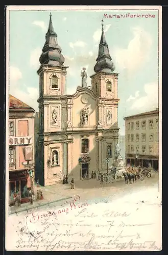 Lithographie Wien, Mariahilfer Kirche aus der Vogelschau