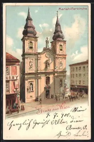 Lithographie Wien, Mariahilfer Kirche aus der Vogelschau