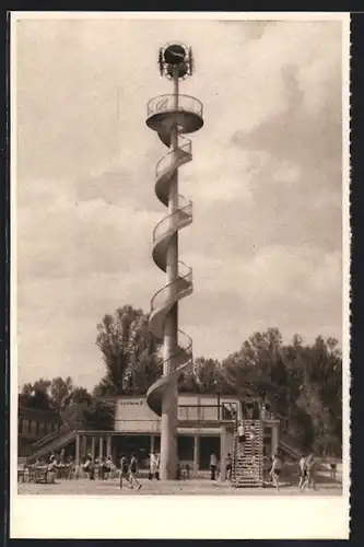 AK Wien, Städtisches Strandbad Gänsehäufel mit Aussichtsturm