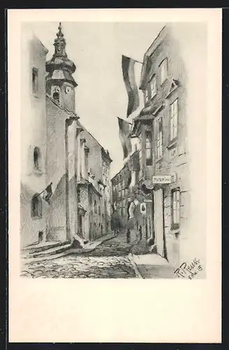 Künstler-AK Wien, Annagasse mit Flaggenschmuck