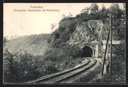 AK Frankenberg, Zschopautal, Harrasfelsen mit Körnerkreuz