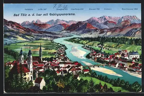 AK Bad Tölz a. d. Isar, Teilansicht mit Kirche und Gebirgspanorama, Hochplatte, Brauneck und Demeljoch