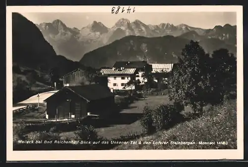 AK Melleck bei Bad Reichenhall, Ortspartie mit Blick auf das Unkener Tal & die Loferer Steinberge