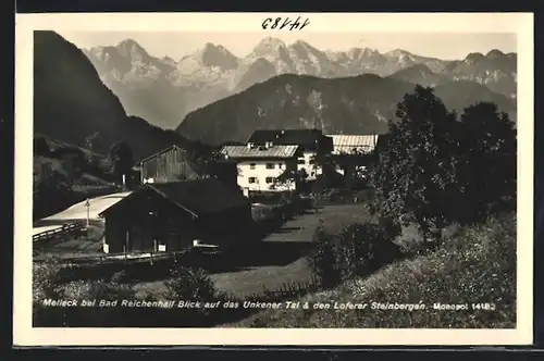 AK Melleck bei Bad Reichenhall, Ortspartie mit Blick auf das Unkener Tal & die Loferer Steinberge