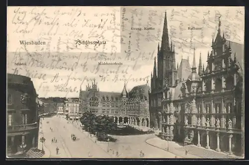 AK Wiesbaden, Schlossplatz mit Evangelischer Kirche, Rathaus und Mädchenschule