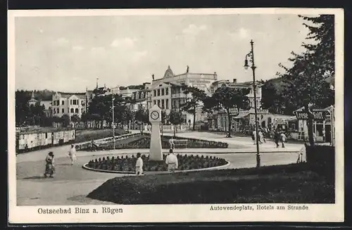 AK Binz a. Rügen, Ostseebad, Hotels am Strande und Autowendeplatz