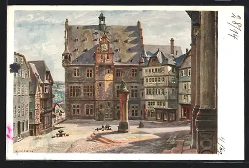 Künstler-AK Marburg, Marktplatz mit Rathaus