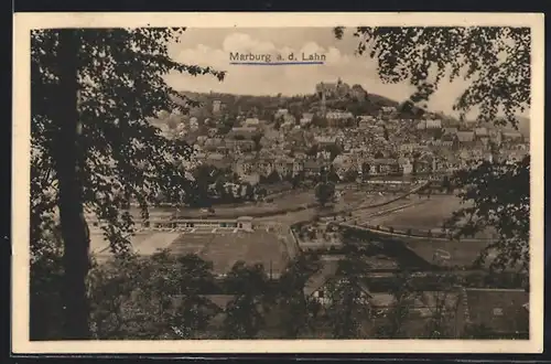 AK Marburg a. d. Lahn, Teilansicht mit Baum