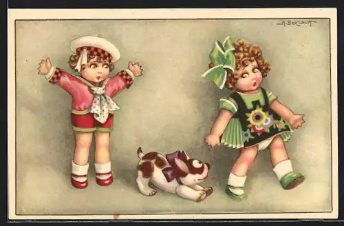Künstler-AK A. Bertiglia: Kinderpaar mit einem Hund