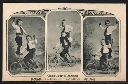 AK Gebrüder Slatanak die kleinesten Kunstradfahrer