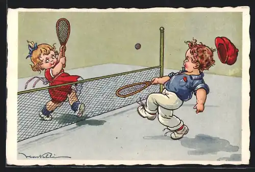 Künstler-AK Castelli: Kinderpaar spielt Tennis