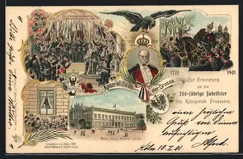 Lithographie Kaisergeburtstag 1897, Portrait des Kaisers, Proklamation in Versailles, Palais in Berlin