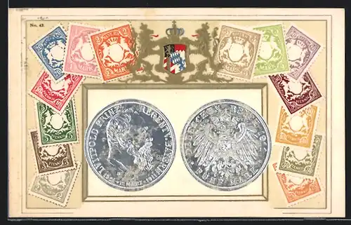 AK Prinzregent Luitpold v. Bayern, 3 Reichsmark, Geld, Briefmarken, Wappen