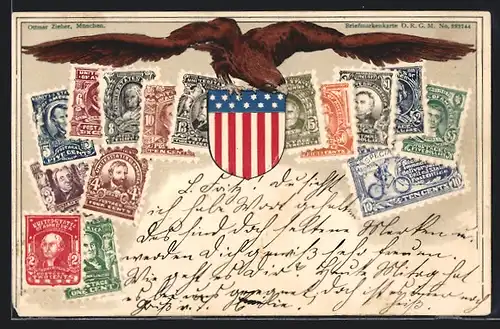 Präge-AK Adler mit Wappen und Briefmarken der Vereinigten Staaten von Amerika